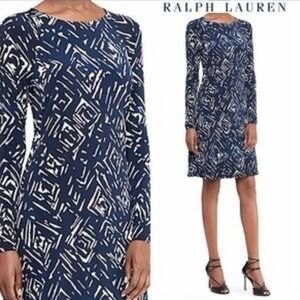 Lauren Ralph Lauren Navy White Geometric Long Sleeve Shift Dress Size 10
